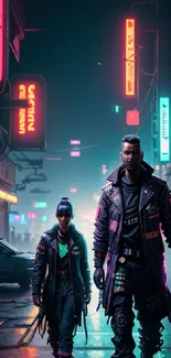 Cyberpunk city with neon lights at night, featuring two figures.