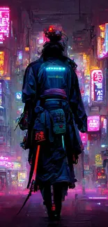 Cyberpunk samurai in neon-lit cityscape wallpaper.