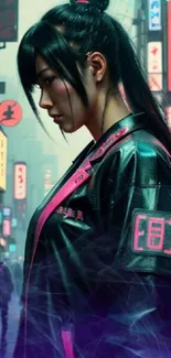 Cyberpunk wallpaper with neon lights and a stylish character in a futuristic city.