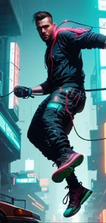 Neon-lit cyberpunk city with figure suspended mid-air.