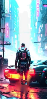 Cyberpunk city scene with neon lights and a lone figure.