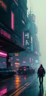 Cyberpunk cityscape with neon lights and futuristic street.