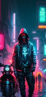 Hooded figure in neon-lit cyberpunk city with motorcycle.