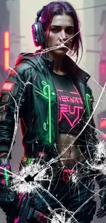 Cyberpunk warrior in neon-lit cityscape mobile wallpaper.