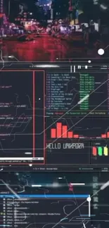 Cyberpunk wallpaper featuring neon lights and coding interface.