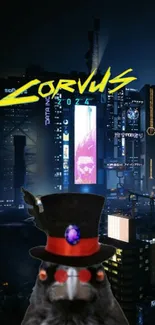 Cyberpunk cityscape with Corvus 2024 logo and neon lights.