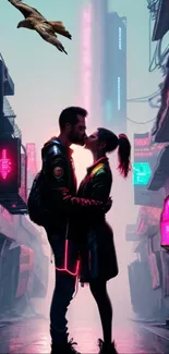 Cyberpunk couple embraces in a neon-lit city with a bird overhead.