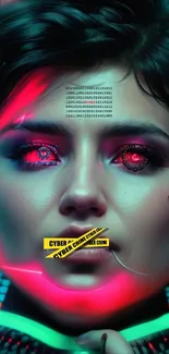 Futuristic cyberpunk face with crime scene tape and neon glow.