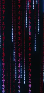 Cyberpunk wallpaper with neon red matrix lines and letters on a black background.