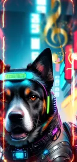 Cyberpunk dog with neon lights in a futuristic city setting.