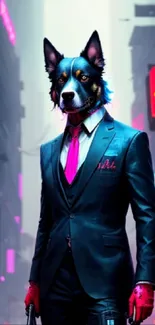 Cyberpunk dog in a suit under neon city lights.