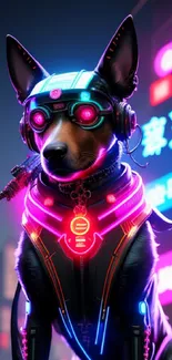 Cyberpunk dog with neon gear in futuristic city background.