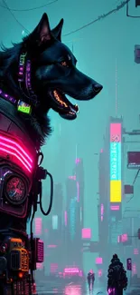 Cyberpunk dog in neon-lit futuristic cityscape.