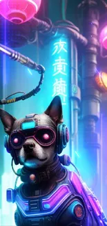 Neon cyberpunk dog in a futuristic setting with city lights.