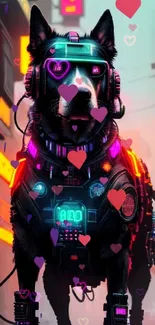 Futuristic cyberpunk dog with neon lights and hearts.