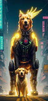 Futuristic cyberpunk scene with neon-lit robotic dogs in a city street.