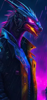 Cyberpunk dragon in neon-lit cityscape.