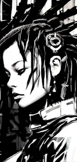 Cyberpunk dreadlock portrait in monochrome style.