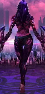 Cyberpunk warrior in a futuristic cityscape, featuring vibrant purple hues.