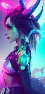 Cyberpunk character with neon horns and vibrant colors on a mobile wallpaper.