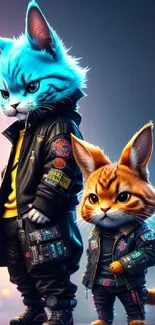 Cyberpunk cat duo in neon cityscape.