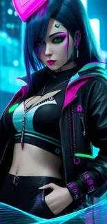 Cyberpunk female character with neon colors in a futuristic setting.