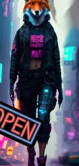 Fox-headed figure in neon cyberpunk cityscape wallpaper.