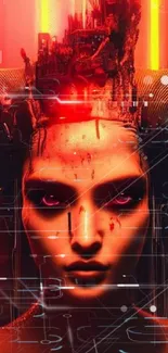 Cyberpunk humanoid with neon red glow in futuristic art wallpaper.