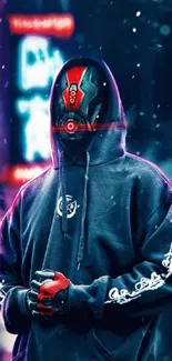 Cyberpunk masked figure with neon lights in urban setting.