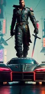 Warrior stands atop car in cyberpunk city at night with neon lights.