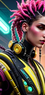 Futuristic cyberpunk character with neon colors and sci-fi elements.