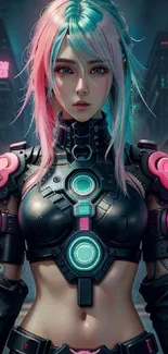 Futuristic cyberpunk wallpaper with neon cityscape and armored figure.