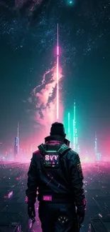 Futuristic cyberpunk wallpaper with neon lights and cityscape.