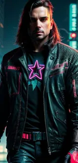 Futuristic man in black leather jacket with neon lights.