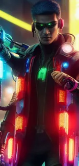 Futuristic cyberpunk warrior in neon cityscape with glowing accents.