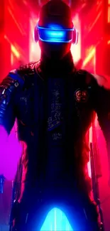 Futuristic cyberpunk warrior with neon lights in a vibrant sci-fi setting.