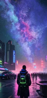 Cyberpunk street with neon lights and galaxy sky.