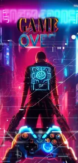 Cyberpunk wallpaper with neon lights and game controller design.