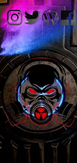 Cyberpunk gas mask with vibrant neon and social media icons on dark background.