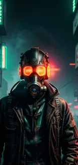 Cyberpunk character in neon-lit dystopian city, wearing gas mask.