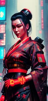 Geisha in a cyberpunk street with neon lights.