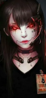 Cyberpunk girl with glowing red eyes, dark futuristic theme.