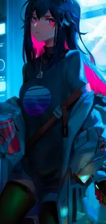 Cyberpunk girl in neon blue and pink, vivid anime art wallpaper.