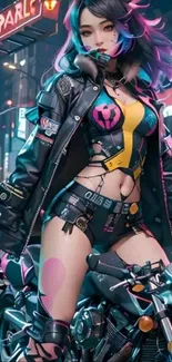 Cyberpunk girl on motorcycle in neon-lit cityscape.