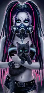 Cyberpunk girl with black cat in neon glow.