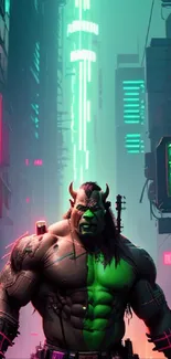 Cyberpunk warrior in neon green cityscape with vibrant lights.