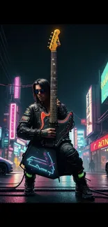 Futuristic guitarist in neon city street, cyberpunk style wallpaper.