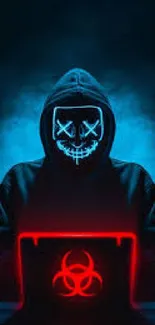 Hooded figure in neon mask with red laptop, cyberpunk style art.