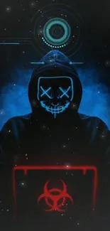 Cyberpunk hacker with neon blue and red elements in digital art wallpaper.