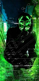 Cyberpunk hacker in neon green mask with digital codes.